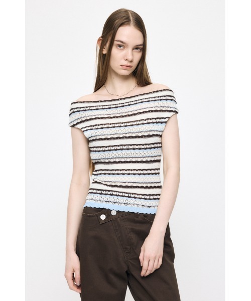 MOUSSY(マウジー)の「STRIPED OFF SHOULDER トップス(ニット/セーター・レディース・ライトピンク/ブラック/ホワイト系その他/グリーン系その他2・FREE)」の1枚目の写真