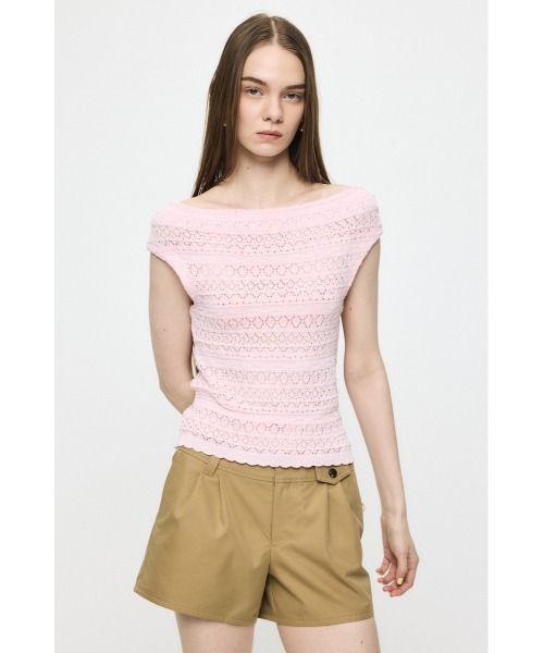 MOUSSY(マウジー)の「STRIPED OFF SHOULDER トップス(ニット/セーター・レディース・ライトピンク/ブラック/ホワイト系その他/グリーン系その他2・FREE)」の4枚目の写真