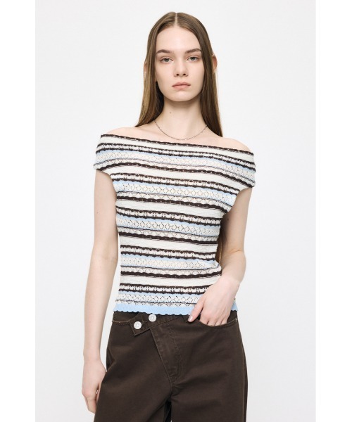 MOUSSY(マウジー)の「STRIPED OFF SHOULDER トップス(ニット/セーター・レディース・ライトピンク/ブラック/ホワイト系その他/グリーン系その他2・FREE)」の11枚目の写真