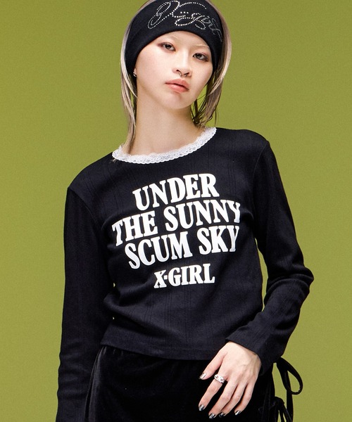 X-girl(エックスガール)の「LACE TRIM L/S BABY TOP(Tシャツ/カットソー・レディース・ベージュ/ブラック/バーガンディー・ONE SIZE)」の2枚目の写真