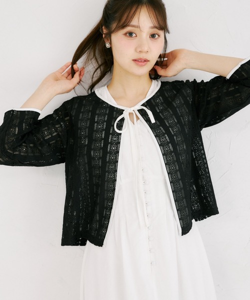 tocco closet（トッコ　クローゼット）の「【ZOZO限定】UVケア×接触冷感バイカラーレースカーディガン（カーディガン/ボレロ・レディース・ピンク/オフホワイト/ブラック・M）」の2枚目の写真