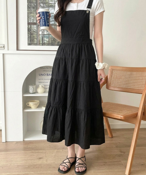 VIVID LADY(ビビッドレディー)の「ティアード サロペット ロングワンピース(サロペット/オーバーオール・レディース・ホワイト/ブラック・FREE)」の11枚目の写真