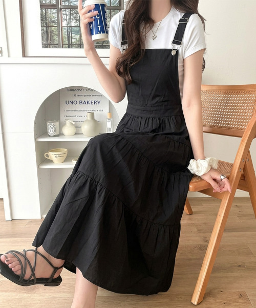 VIVID LADY(ビビッドレディー)の「ティアード サロペット ロングワンピース(サロペット/オーバーオール・レディース・ホワイト/ブラック・FREE)」の12枚目の写真