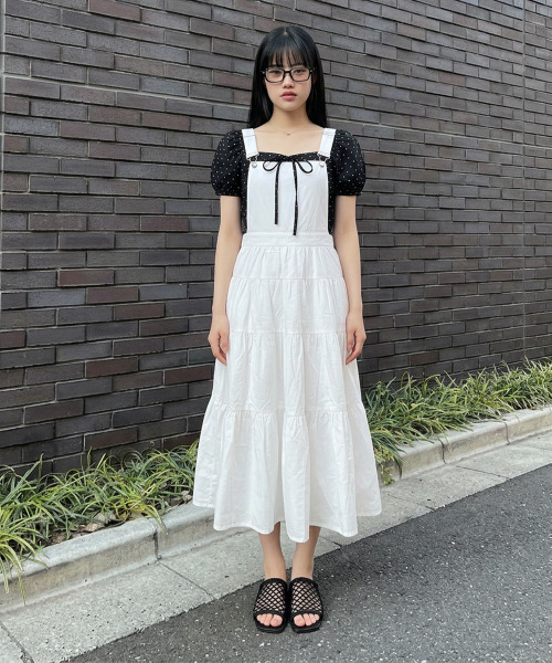 VIVID LADY(ビビッドレディー)の「ティアード サロペット ロングワンピース(サロペット/オーバーオール・レディース・ホワイト/ブラック・FREE)」の10枚目の写真