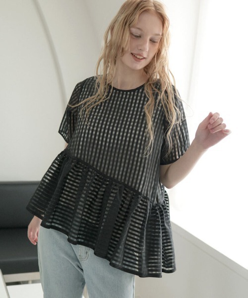 DONOBAN（ドノバン）の「シアーチェックペプラムチュニック（シャツ/ブラウス・レディース・ホワイト/ブラック・ONE SIZE）」の2枚目の写真