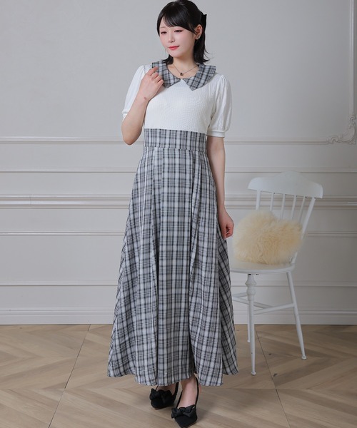 Anely(アネリー)の「配色 チェック 襟付き ドッキング ロング ワンピース(ワンピース・レディース・アイボリー/ベージュ/ブラック・FREE)」の1枚目の写真