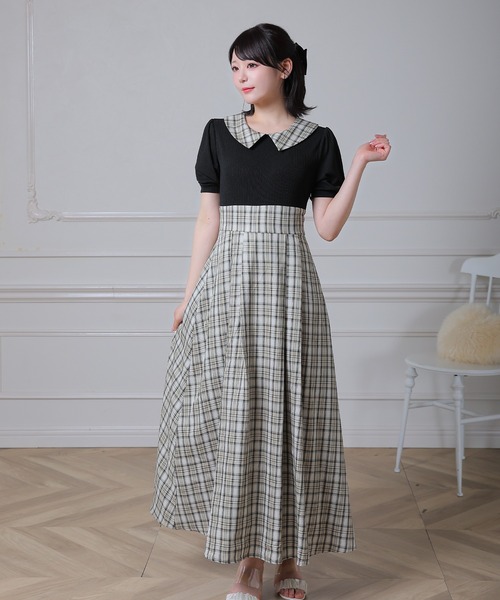 Anely(アネリー)の「配色 チェック 襟付き ドッキング ロング ワンピース(ワンピース・レディース・アイボリー/ベージュ/ブラック・FREE)」の20枚目の写真