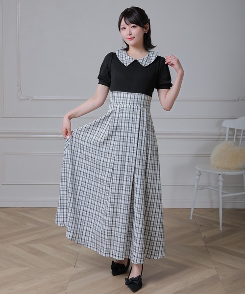 Anely(アネリー)の「配色 チェック 襟付き ドッキング ロング ワンピース(ワンピース・レディース・アイボリー/ベージュ/ブラック・FREE)」の4枚目の写真