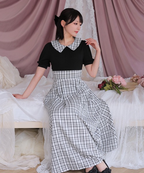 Anely(アネリー)の「配色 チェック 襟付き ドッキング ロング ワンピース(ワンピース・レディース・アイボリー/ベージュ/ブラック・FREE)」の5枚目の写真