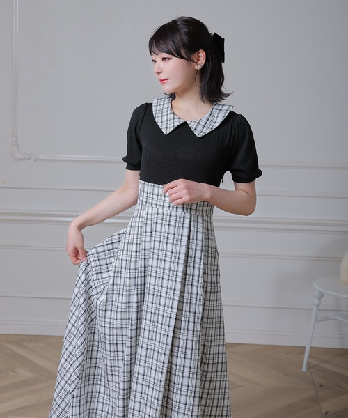 Anely(アネリー)の「配色 チェック 襟付き ドッキング ロング ワンピース(ワンピース・レディース・アイボリー/ベージュ/ブラック・FREE)」の6枚目の写真
