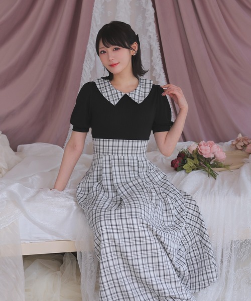 Anely(アネリー)の「配色 チェック 襟付き ドッキング ロング ワンピース(ワンピース・レディース・アイボリー/ベージュ/ブラック・FREE)」の8枚目の写真