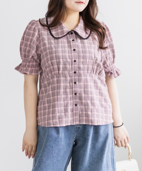 CLETTE(クレット)の「CLETTEオリジナルパフスリーブレース衿チェックブラウス(シャツ/ブラウス・レディース・ブラック/ピンク/ブラウン・4L/3L/LL)」の3枚目の写真
