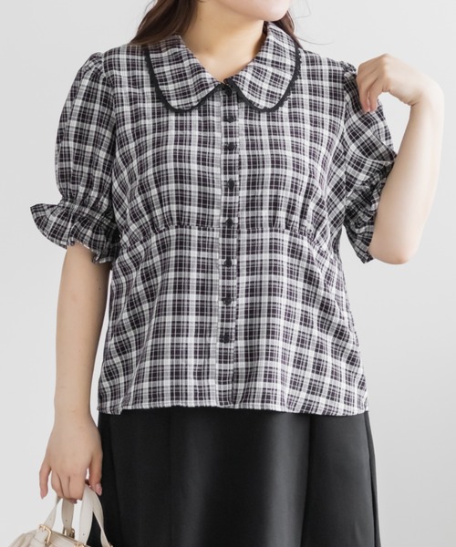 CLETTE(クレット)の「CLETTEオリジナルパフスリーブレース衿チェックブラウス(シャツ/ブラウス・レディース・ブラック/ピンク/ブラウン・4L/3L/LL)」の1枚目の写真