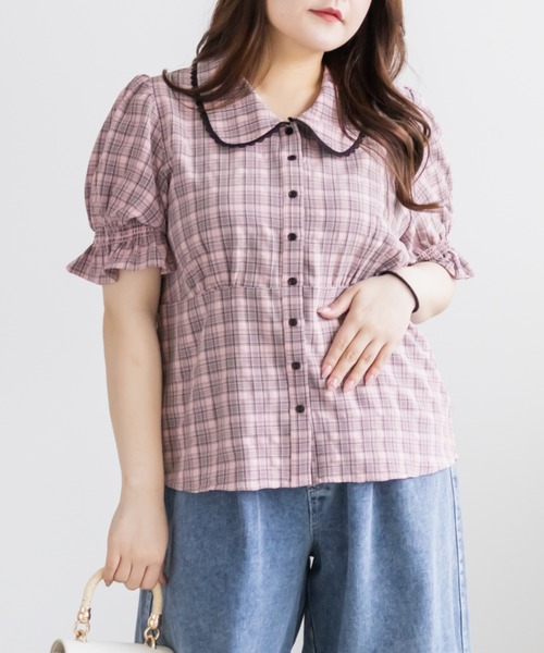 CLETTE(クレット)の「CLETTEオリジナルパフスリーブレース衿チェックブラウス(シャツ/ブラウス・レディース・ブラック/ピンク/ブラウン・4L/3L/LL)」の12枚目の写真