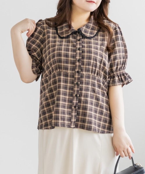 CLETTE(クレット)の「CLETTEオリジナルパフスリーブレース衿チェックブラウス(シャツ/ブラウス・レディース・ブラック/ピンク/ブラウン・4L/3L/LL)」の21枚目の写真