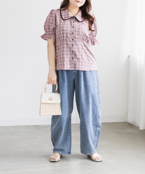 CLETTE(クレット)の「CLETTEオリジナルパフスリーブレース衿チェックブラウス(シャツ/ブラウス・レディース・ブラック/ピンク/ブラウン・4L/3L/LL)」の14枚目の写真