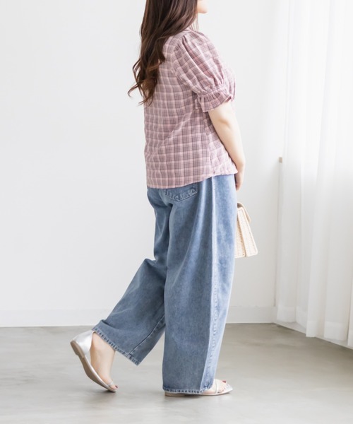 CLETTE(クレット)の「CLETTEオリジナルパフスリーブレース衿チェックブラウス(シャツ/ブラウス・レディース・ブラック/ピンク/ブラウン・4L/3L/LL)」の15枚目の写真