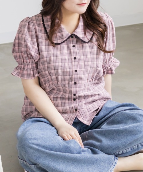 CLETTE(クレット)の「CLETTEオリジナルパフスリーブレース衿チェックブラウス(シャツ/ブラウス・レディース・ブラック/ピンク/ブラウン・4L/3L/LL)」の16枚目の写真