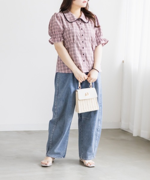 CLETTE(クレット)の「CLETTEオリジナルパフスリーブレース衿チェックブラウス(シャツ/ブラウス・レディース・ブラック/ピンク/ブラウン・4L/3L/LL)」の13枚目の写真