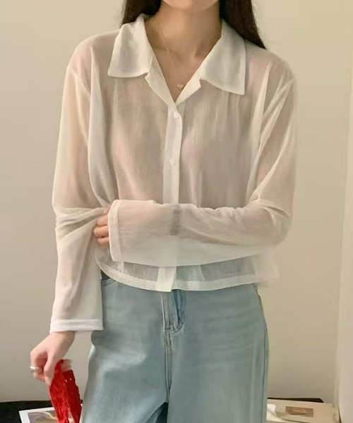 COCOMOMO(ココモモ)の「ソフトな透け感 シアーニットシャツ ショートトップス シアーニット シャツカーディガン サマーニット 長袖 シアー ニット レイヤード 冷房対策 日焼け対策 UV対策 春服 夏服(シャツ/ブラウス・レディース・ホワイト/ライトグレー/ダークグレー/ブラック・FREE)」の2枚目の写真