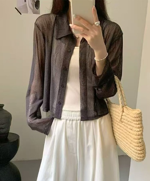 COCOMOMO(ココモモ)の「ソフトな透け感 シアーニットシャツ ショートトップス シアーニット シャツカーディガン サマーニット 長袖 シアー ニット レイヤード 冷房対策 日焼け対策 UV対策 春服 夏服(シャツ/ブラウス・レディース・ホワイト/ライトグレー/ダークグレー/ブラック・FREE)」の15枚目の写真