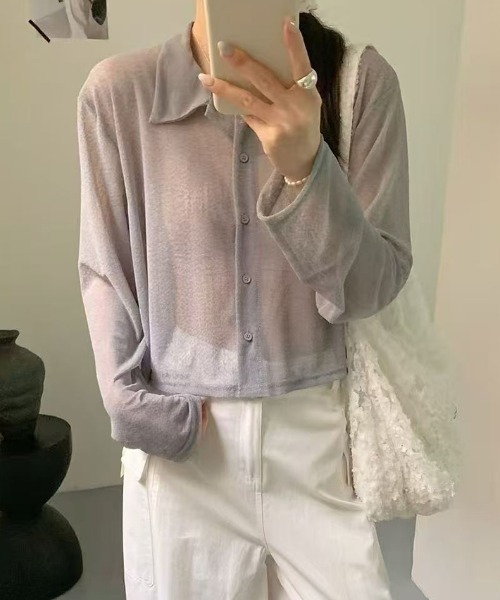COCOMOMO(ココモモ)の「ソフトな透け感 シアーニットシャツ ショートトップス シアーニット シャツカーディガン サマーニット 長袖 シアー ニット レイヤード 冷房対策 日焼け対策 UV対策 春服 夏服(シャツ/ブラウス・レディース・ホワイト/ライトグレー/ダークグレー/ブラック・FREE)」の12枚目の写真