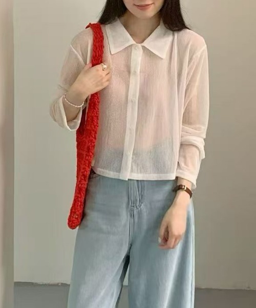 COCOMOMO(ココモモ)の「ソフトな透け感 シアーニットシャツ ショートトップス シアーニット シャツカーディガン サマーニット 長袖 シアー ニット レイヤード 冷房対策 日焼け対策 UV対策 春服 夏服(シャツ/ブラウス・レディース・ホワイト/ライトグレー/ダークグレー/ブラック・FREE)」の17枚目の写真