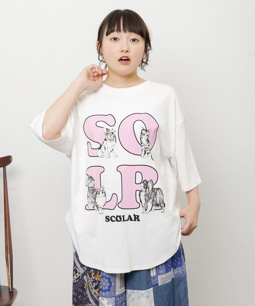 ScoLar(スカラー)の「ScoLar(スカラー) ドットスカラー わんにゃん柄Tシャツ(Tシャツ/カットソー・レディース・オフホワイト/ブラック/チャコールグレー・MEDIUM)」の12枚目の写真