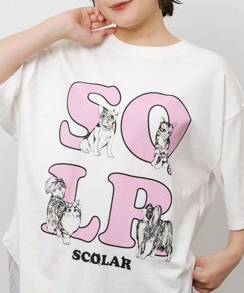 ScoLar(スカラー)の「ScoLar(スカラー) ドットスカラー わんにゃん柄Tシャツ(Tシャツ/カットソー・レディース・オフホワイト/ブラック/チャコールグレー・MEDIUM)」の17枚目の写真