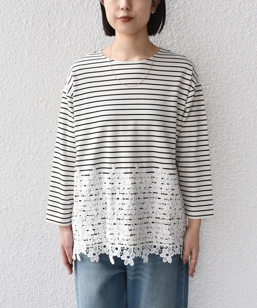 SHIPS Colors(シップス カラーズ)の「【WEB限定】SHIPS Colors:ポンチ レース コンビ トップス(ボーダー)2◇(Tシャツ/カットソー・レディース・ブラック/オフホワイト・ONE SIZE)」の11枚目の写真