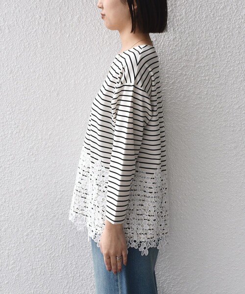 SHIPS Colors(シップス カラーズ)の「【WEB限定】SHIPS Colors:ポンチ レース コンビ トップス(ボーダー)2◇(Tシャツ/カットソー・レディース・ブラック/オフホワイト・ONE SIZE)」の12枚目の写真
