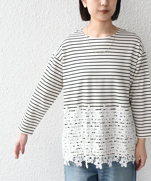 SHIPS Colors(シップス カラーズ)の「【WEB限定】SHIPS Colors:ポンチ レース コンビ トップス(ボーダー)2◇(Tシャツ/カットソー・レディース・ブラック/オフホワイト・ONE SIZE)」の14枚目の写真
