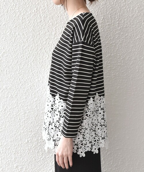 SHIPS Colors(シップス カラーズ)の「【WEB限定】SHIPS Colors:ポンチ レース コンビ トップス(ボーダー)2◇(Tシャツ/カットソー・レディース・ブラック/オフホワイト・ONE SIZE)」の16枚目の写真