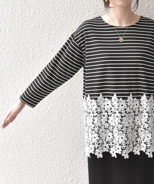 SHIPS Colors(シップス カラーズ)の「【WEB限定】SHIPS Colors:ポンチ レース コンビ トップス(ボーダー)2◇(Tシャツ/カットソー・レディース・ブラック/オフホワイト・ONE SIZE)」の18枚目の写真