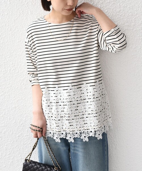 SHIPS Colors(シップス カラーズ)の「【WEB限定】SHIPS Colors:ポンチ レース コンビ トップス(ボーダー)2◇(Tシャツ/カットソー・レディース・ブラック/オフホワイト・ONE SIZE)」の21枚目の写真