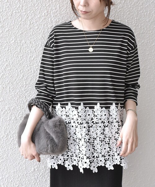 SHIPS Colors(シップス カラーズ)の「【WEB限定】SHIPS Colors:ポンチ レース コンビ トップス(ボーダー)2◇(Tシャツ/カットソー・レディース・ブラック/オフホワイト・ONE SIZE)」の22枚目の写真