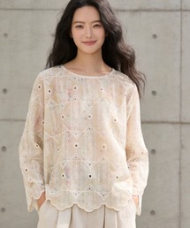 むら染めスカラップ刺繍長袖ラウンドネックブラウス