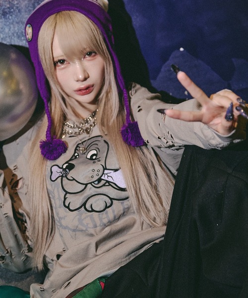 GALFY(ガルフィー)の「GALFY-犬ダメージロンTee(Tシャツ/カットソー・メンズ・ブラック/アイボリー/ブルーグレー・XL/L)」の2枚目の写真
