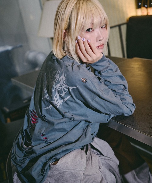 GALFY(ガルフィー)の「GALFY-犬ダメージロンTee(Tシャツ/カットソー・メンズ・ブラック/アイボリー/ブルーグレー・XL/L)」の3枚目の写真