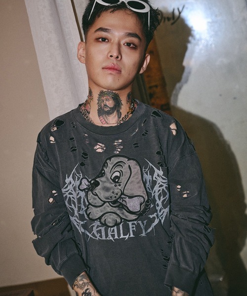 GALFY(ガルフィー)の「GALFY-犬ダメージロンTee(Tシャツ/カットソー・メンズ・ブラック/アイボリー/ブルーグレー・XL/L)」の6枚目の写真