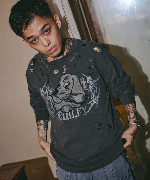 GALFY(ガルフィー)の「GALFY-犬ダメージロンTee(Tシャツ/カットソー・メンズ・ブラック/アイボリー/ブルーグレー・XL/L)」の9枚目の写真