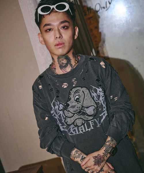 GALFY(ガルフィー)の「GALFY-犬ダメージロンTee(Tシャツ/カットソー・メンズ・ブラック/アイボリー/ブルーグレー・XL/L)」の10枚目の写真
