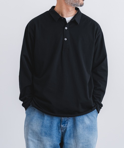 quadro(クオドロ)の「60/2スーピマ度詰め天竺布帛衿P/Oシャツ(Tシャツ/カットソー・メンズ・ブラック/グレー・LARGE)」の1枚目の写真