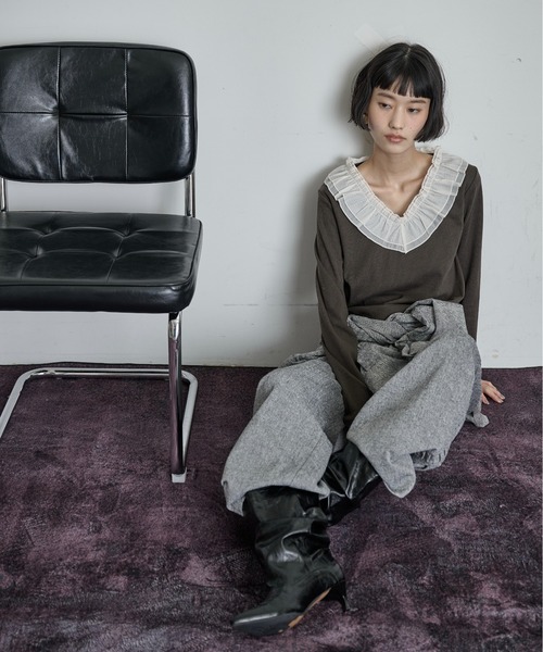 THE YOn(ザヨン)の「シアーフリル襟Vネックプルオーバー(Tシャツ/カットソー・レディース・ブラック/アイボリー/チャコールグレー・FREE)」の16枚目の写真
