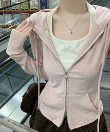 ホルターネック フード付き ダブルジップ フェイクレイヤード長袖Tシャツ