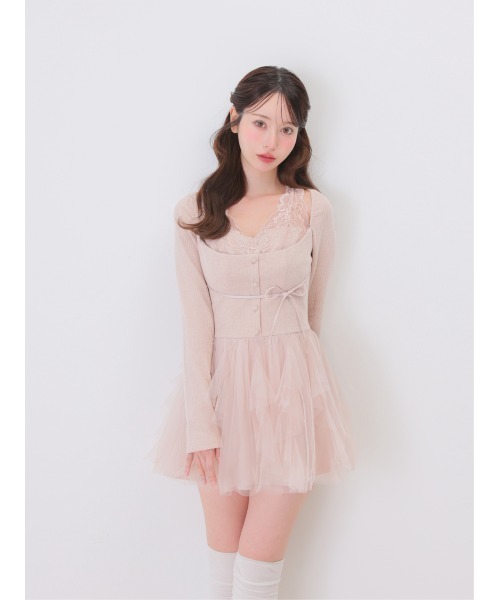M me eme(エムミーエメ)の「Lace rib tulle docking mini onepiece(eme11116)(ワンピース・レディース・ピンク/アイボリー・FREE/FL)」の2枚目の写真