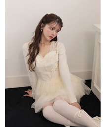 Lace rib tulle docking mini onepiece(eme11116)