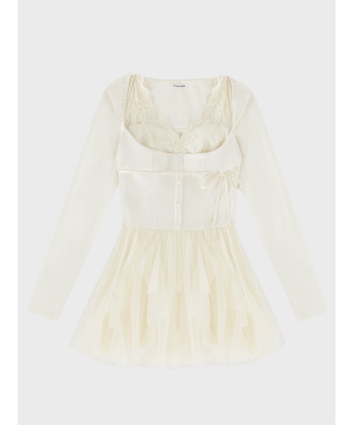 M me eme(エムミーエメ)の「Lace rib tulle docking mini onepiece(eme11116)(ワンピース・レディース・ピンク/アイボリー・FREE/FL)」の3枚目の写真