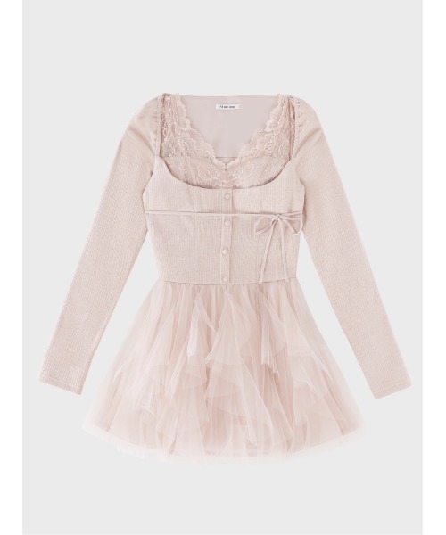 M me eme(エムミーエメ)の「Lace rib tulle docking mini onepiece(eme11116)(ワンピース・レディース・ピンク/アイボリー・FREE/FL)」の4枚目の写真