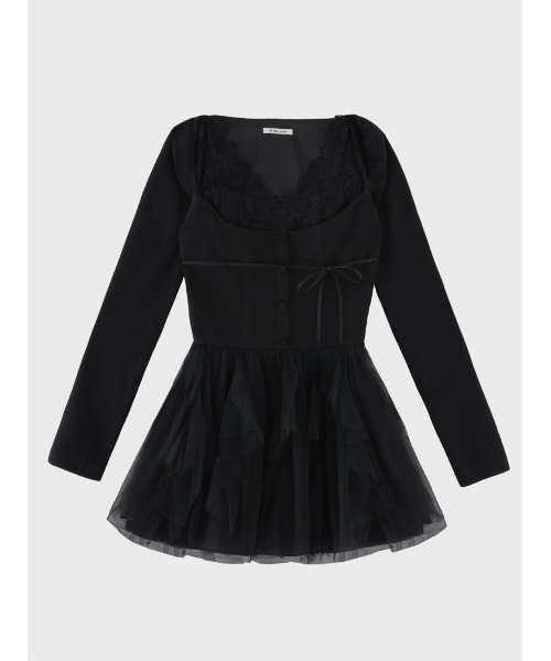 M me eme(エムミーエメ)の「Lace rib tulle docking mini onepiece(eme11116)(ワンピース・レディース・ピンク/アイボリー・FREE/FL)」の5枚目の写真
